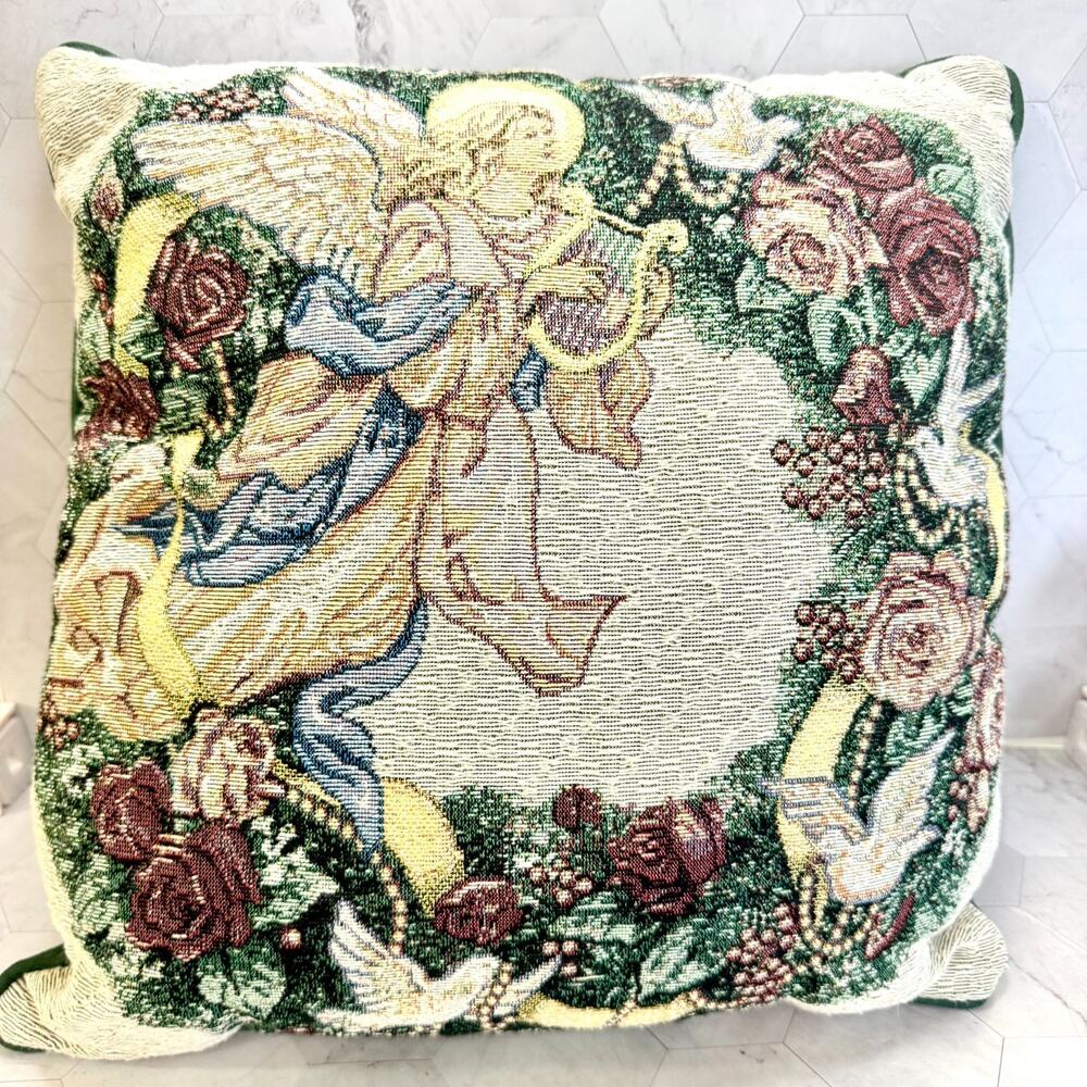 Vintage Christmas Tapestry Decorative Pillow Angel Harp Floral Green 16x16"